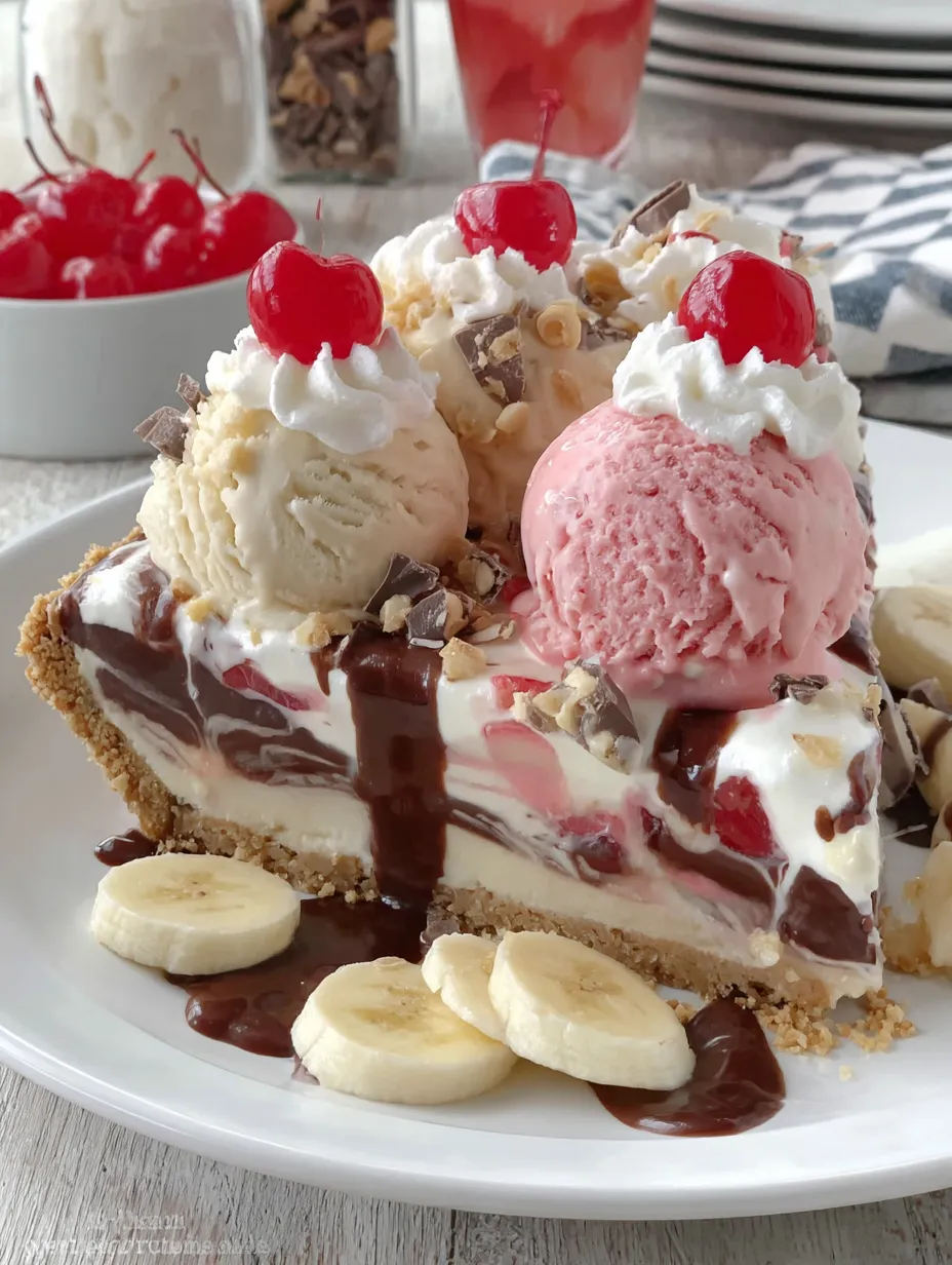 A slice of banana split no-bake pie.