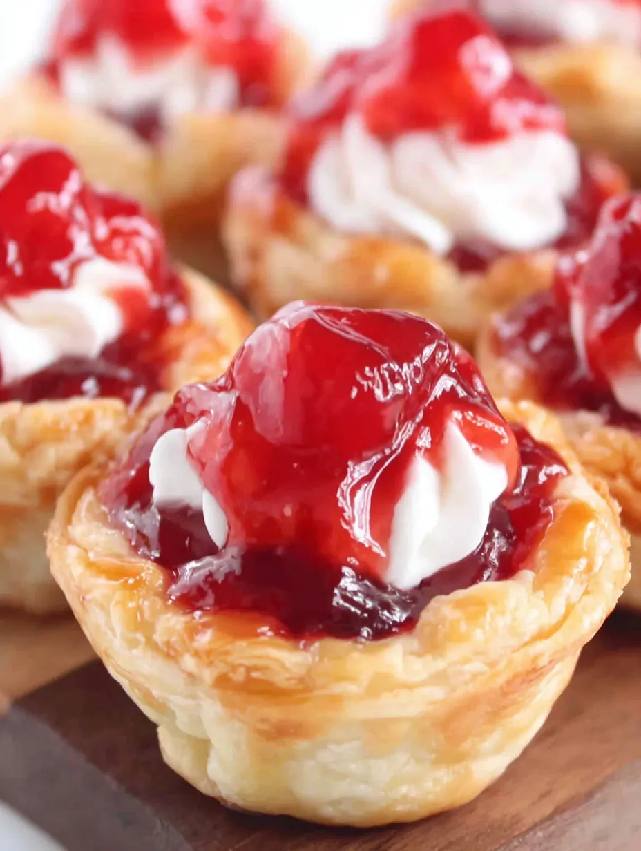 Mini cherry pies with whipped cream.