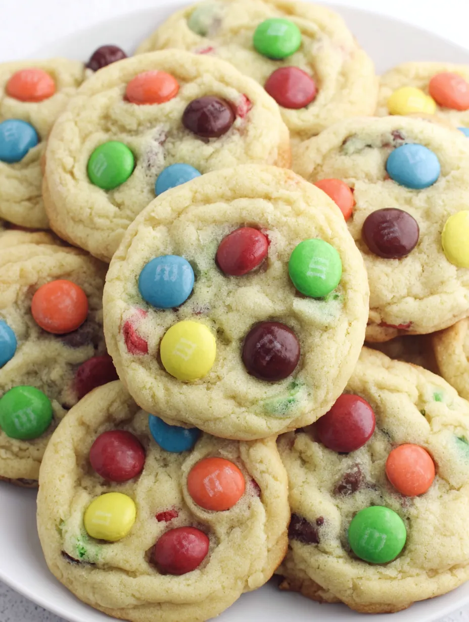 M&M cookies on a plate.