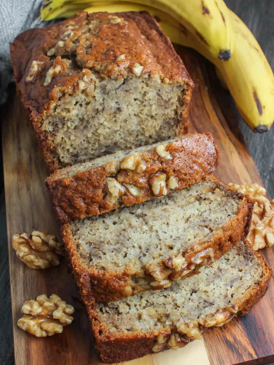 A loaf of banana nut bread with sliced bananas on top.