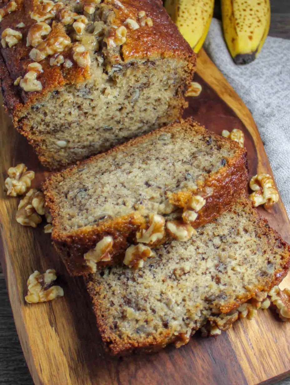 A slice of moist banana nut bread.