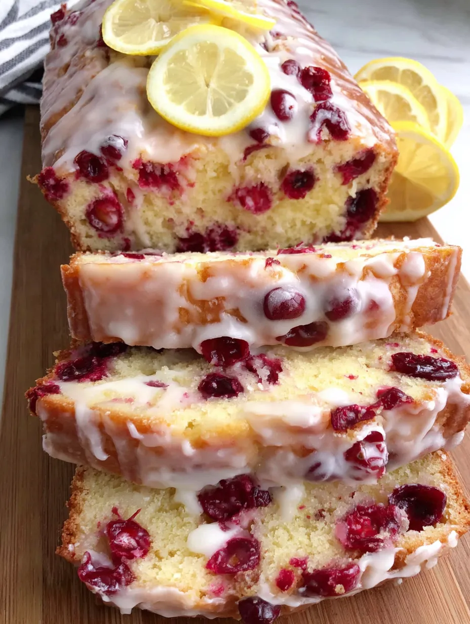 A slice of cranberry orange bread with a lemon wedge on top.
