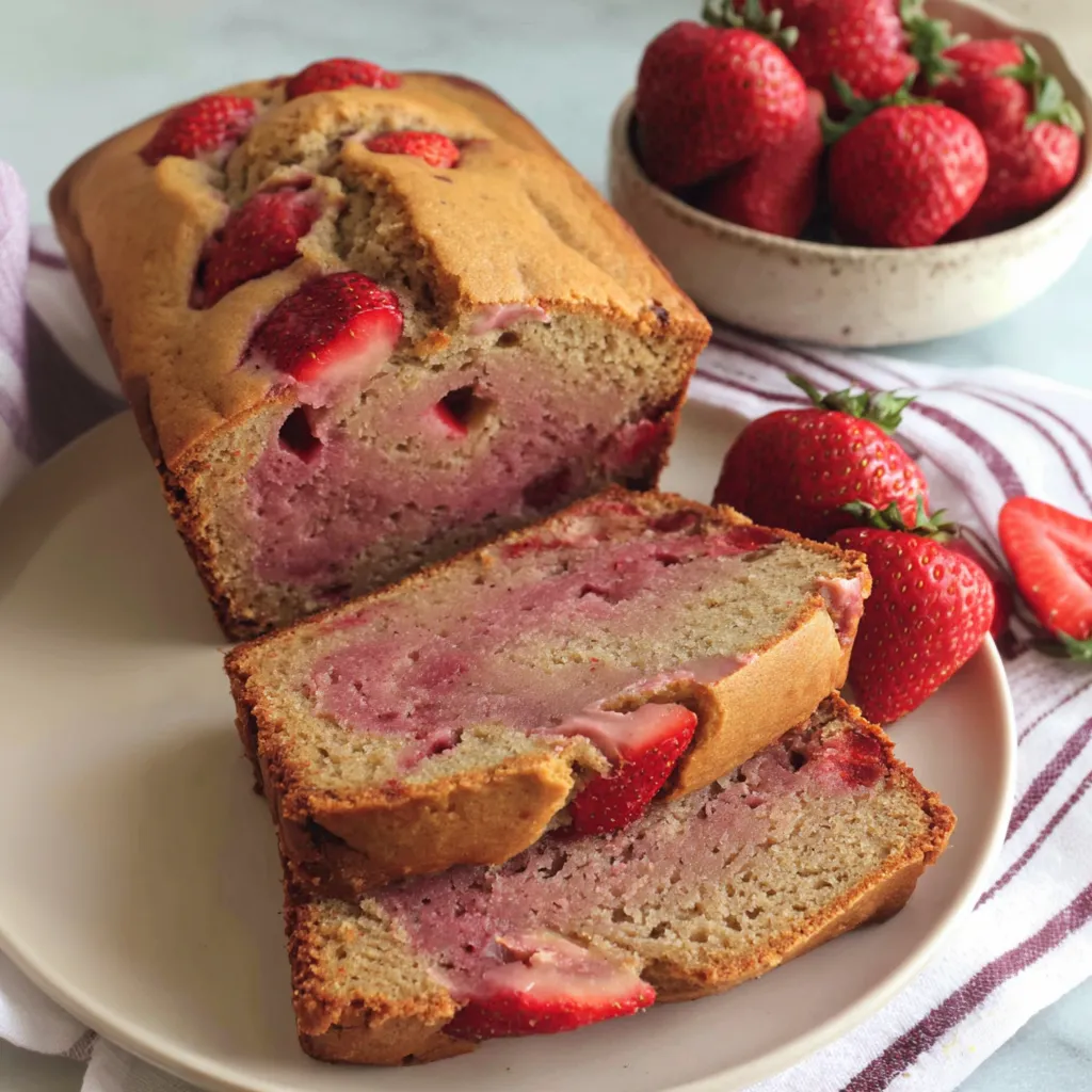 A loaf of bread with strawberries on top.