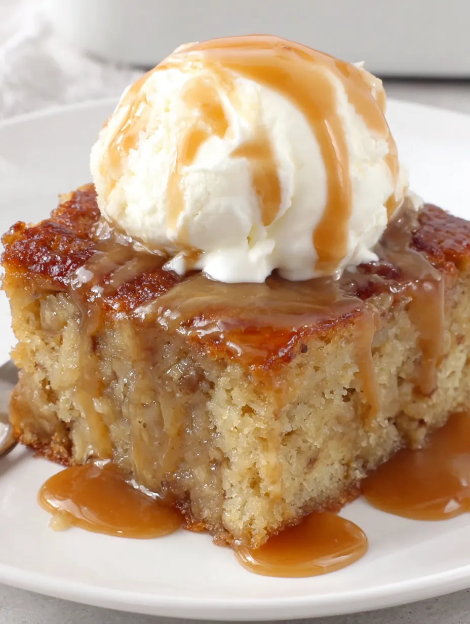 A slice of sticky banana bread pudding cake.