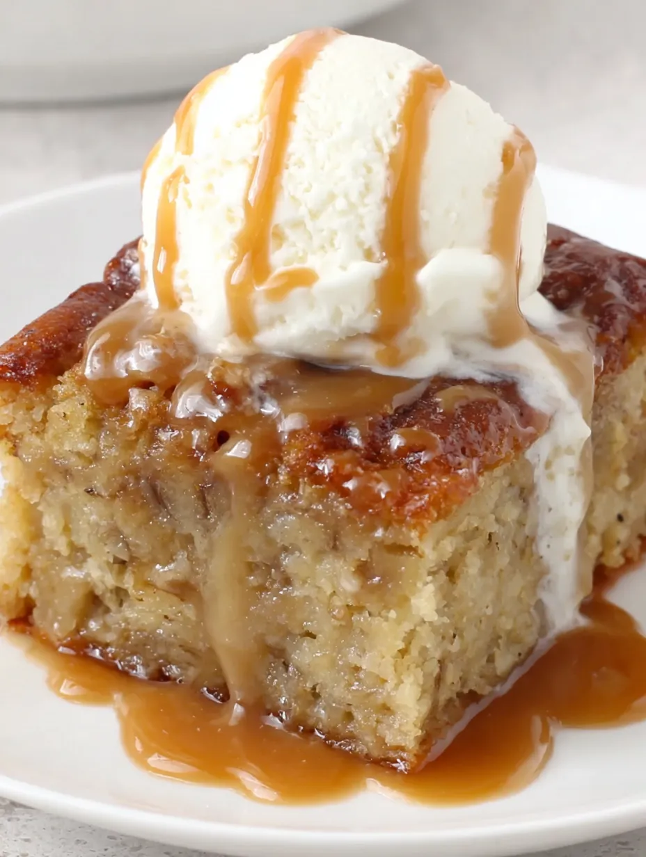 A slice of sticky banana bread pudding cake.