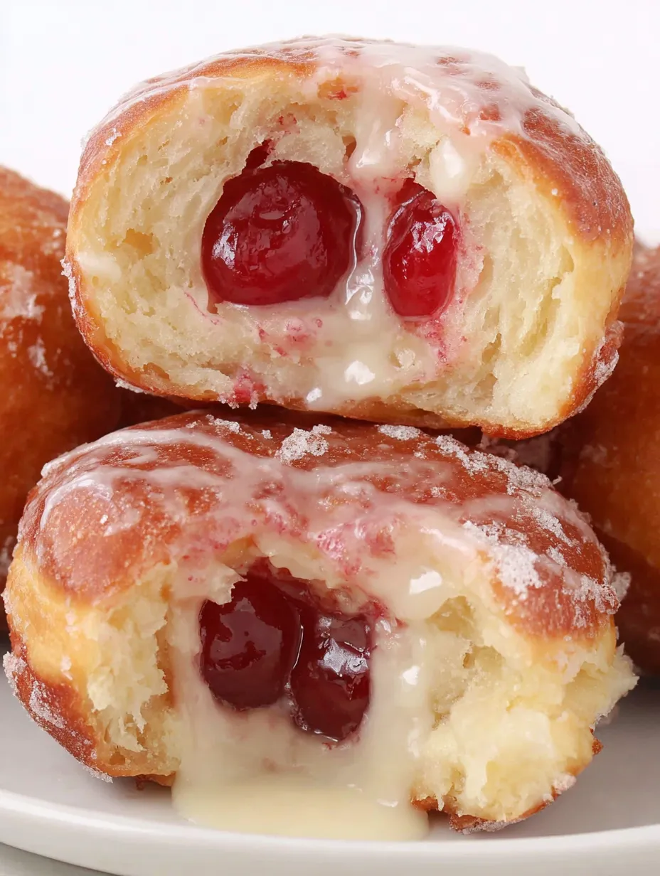 A close up of a cherry doughnut with vanilla bean glaze.