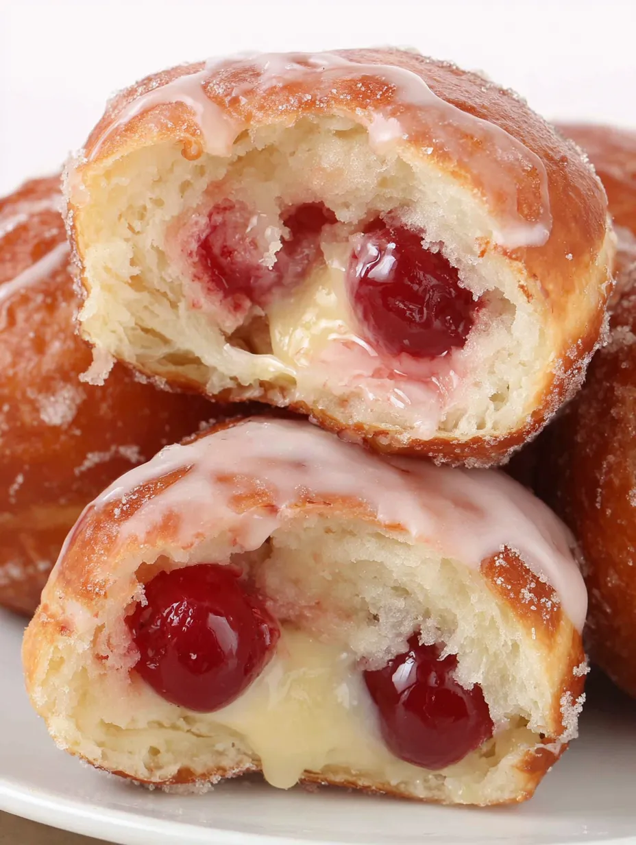 A close up of a cherry doughnut with a vanilla bean glaze.