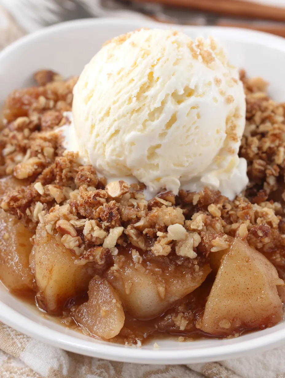 A bowl of pear crisp with a scoop of ice cream on top.