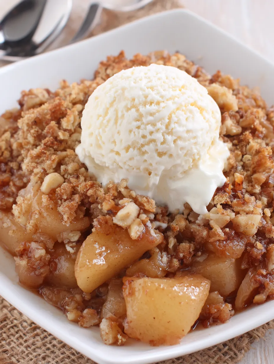 A bowl of pear crisp with a scoop of ice cream on top.
