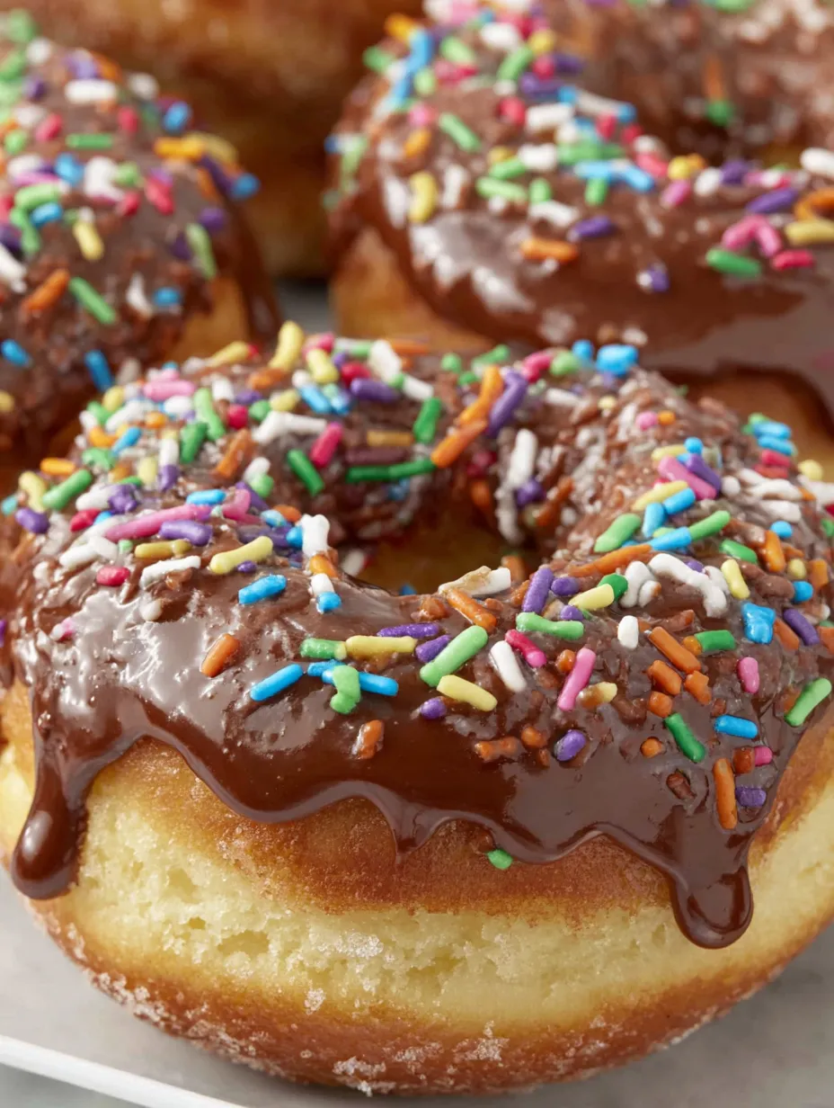 A chocolate glazed donut with sprinkles.