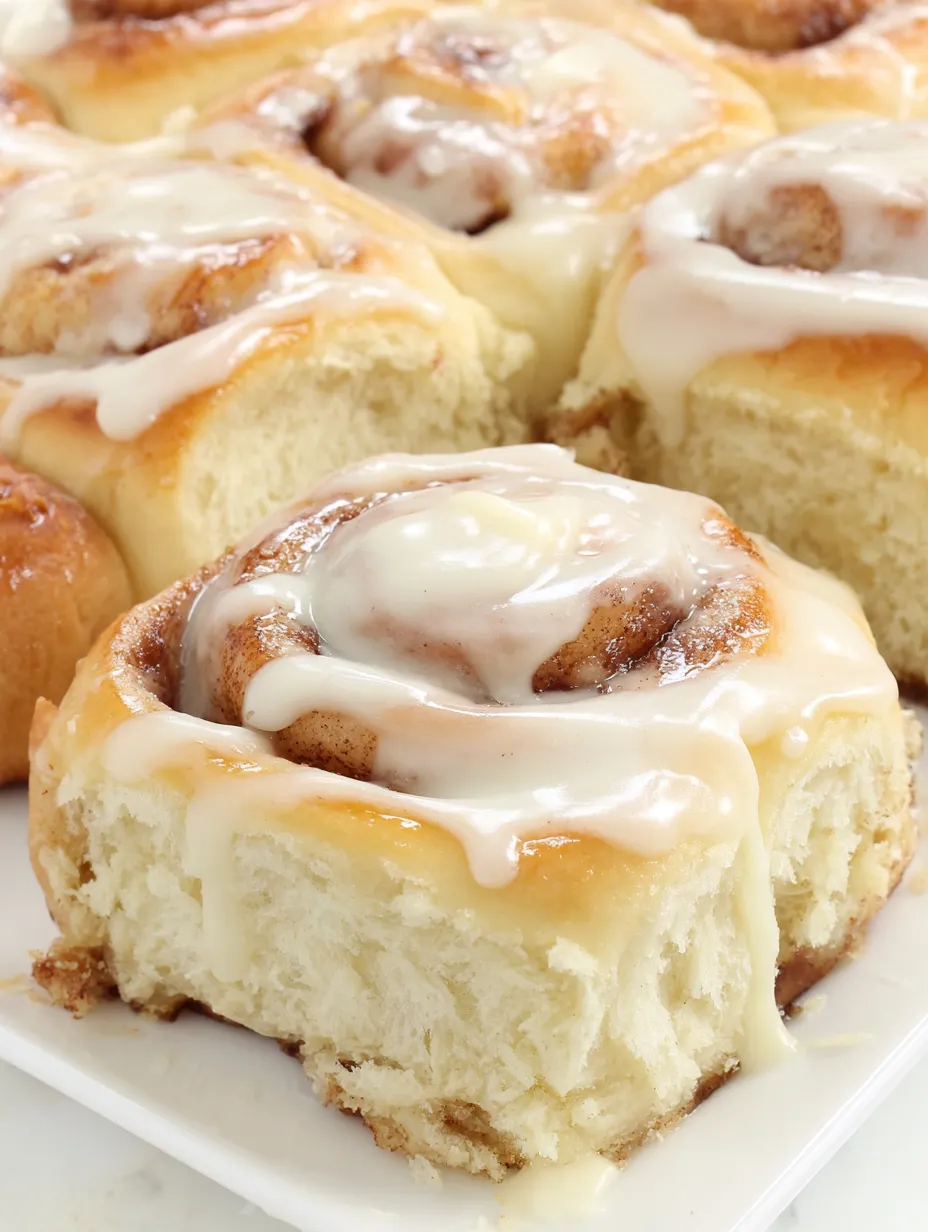 A plate of cinnamon rolls with cream cheese frosting.