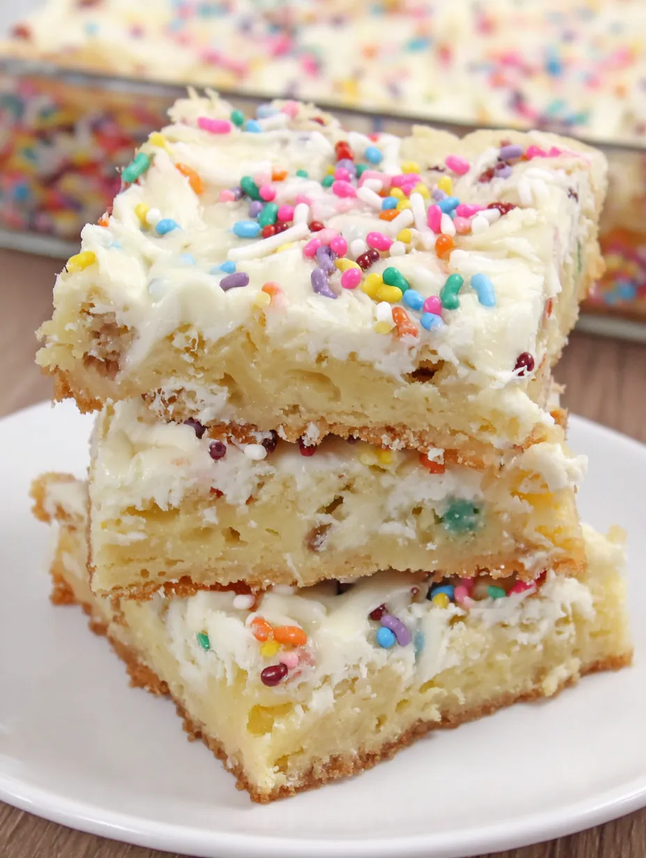 A stack of three pieces of cake with sprinkles on top.