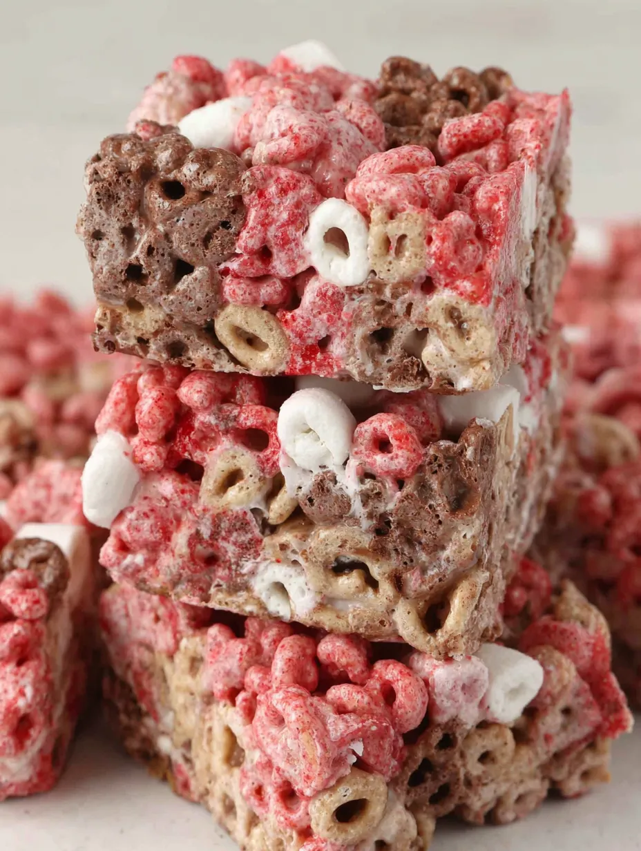 A stack of chocolate and red cereal bars.