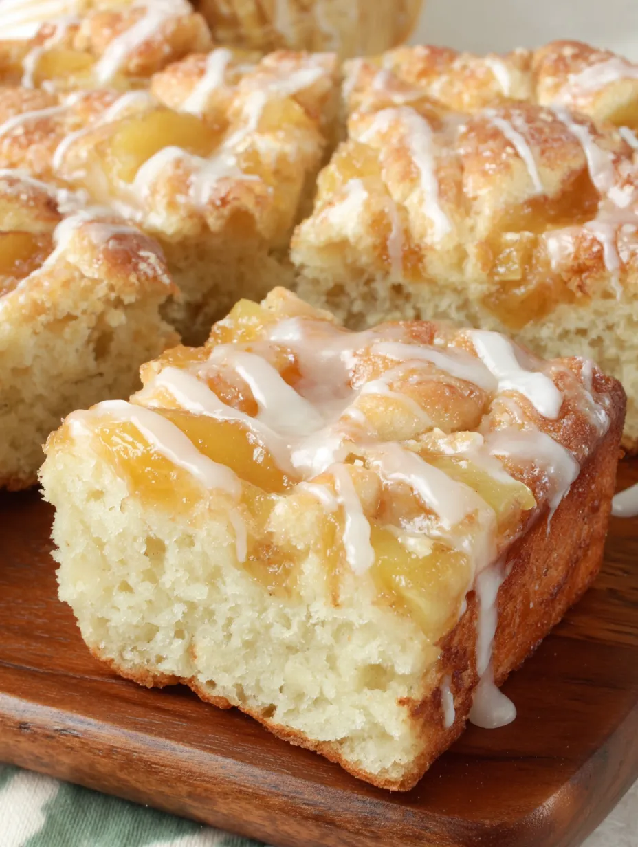 A slice of peaches and cream focaccia with jelly drizzled on top.