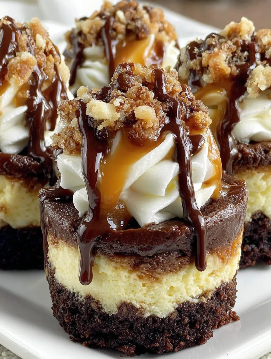 A close up of a loaded brownie cheesecake cup.