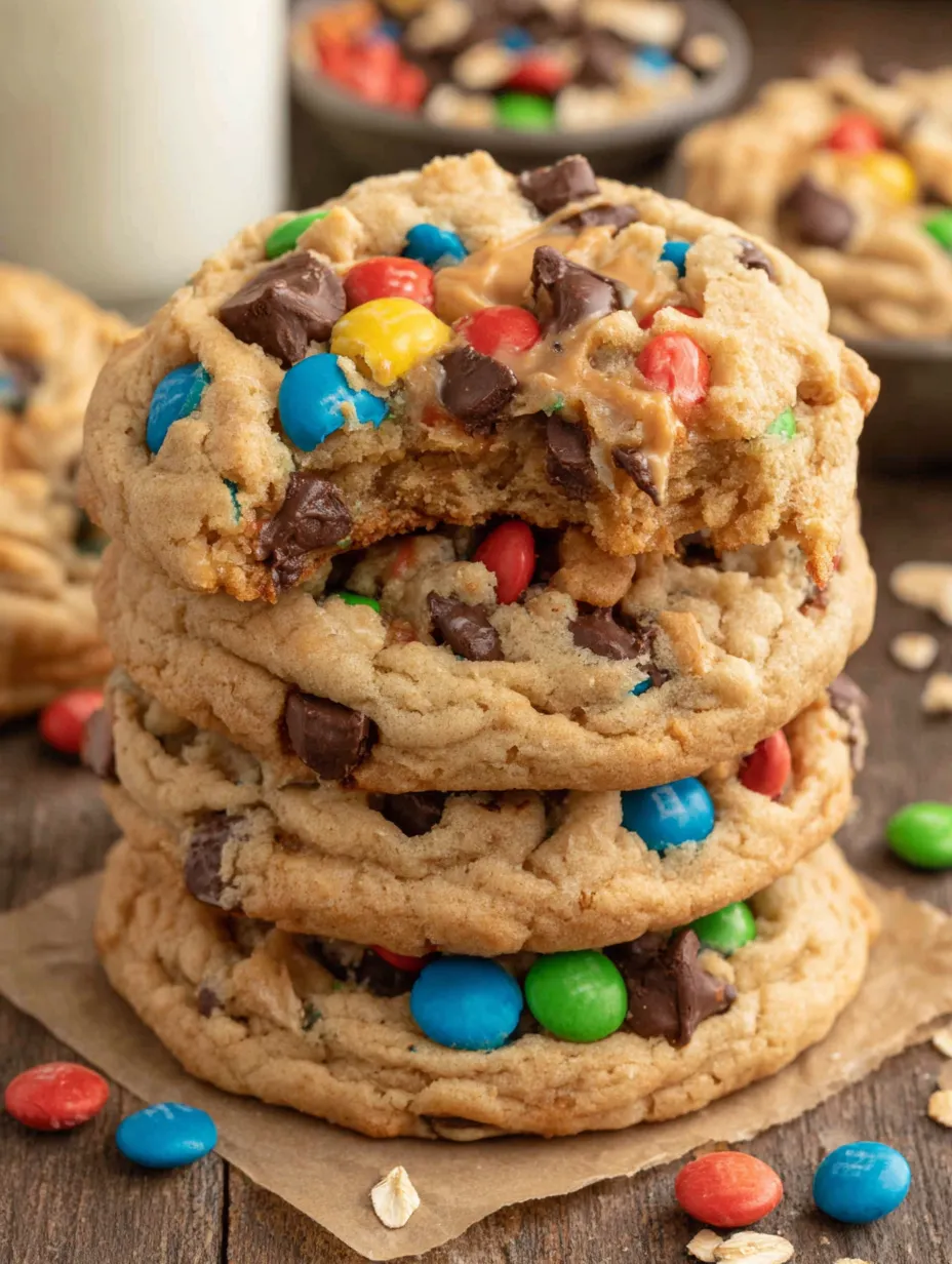 A stack of three monster cookies.