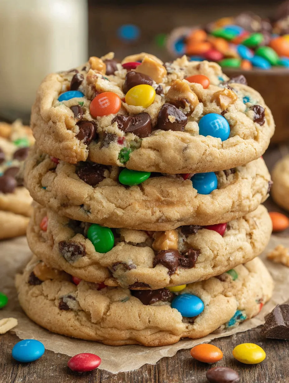 A stack of three monster cookies.