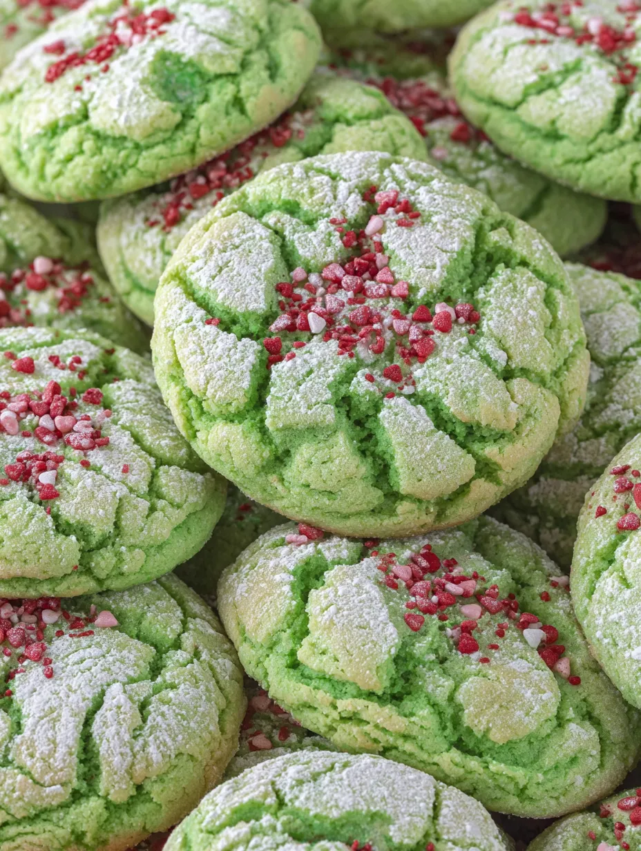 Grinch cookies with red and green sprinkles.