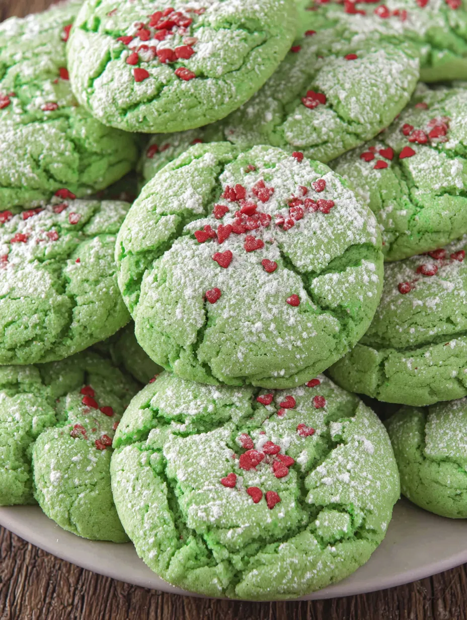 Green cookies with red sprinkles.