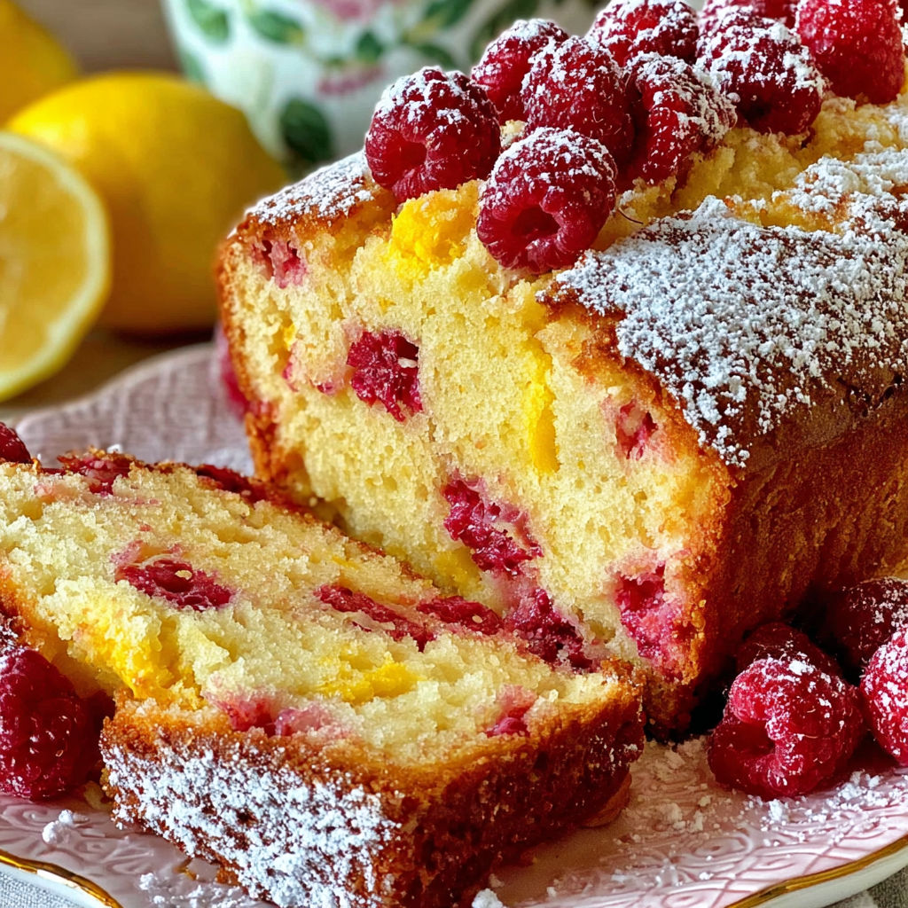 A slice of lemon raspberry loaf cake.
