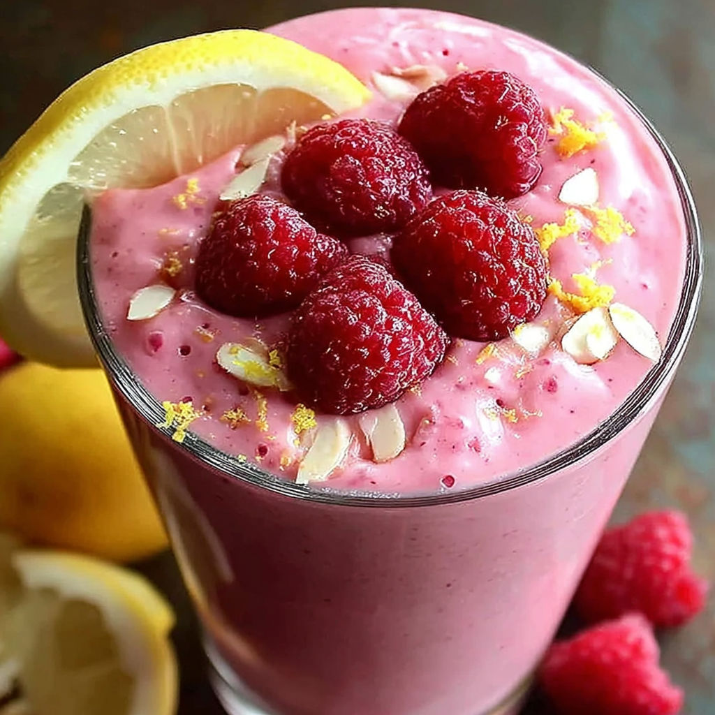 A glass of pink smoothie with a lemon wedge on top.