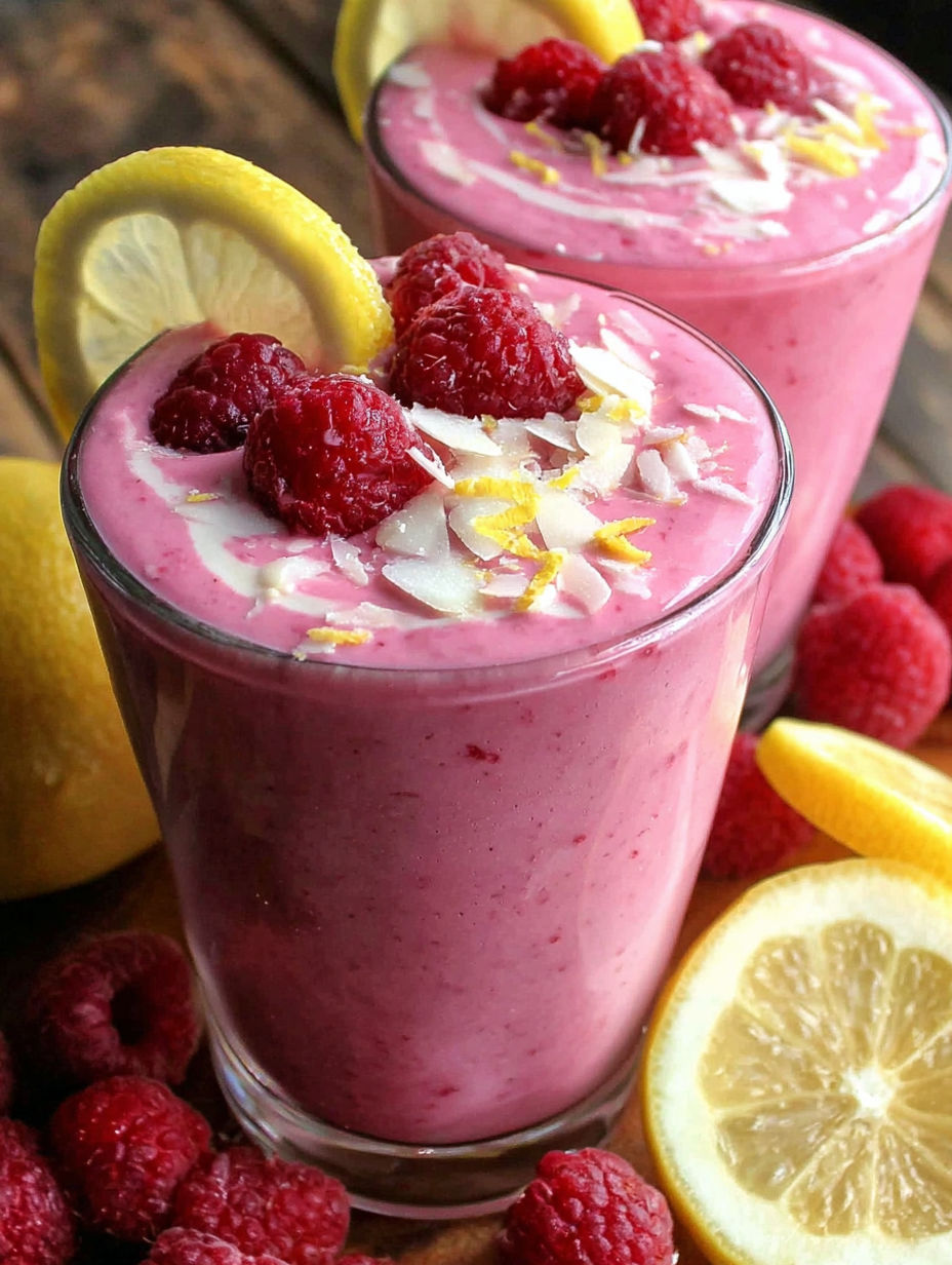 A glass of pink smoothie with a lemon wedge on top.