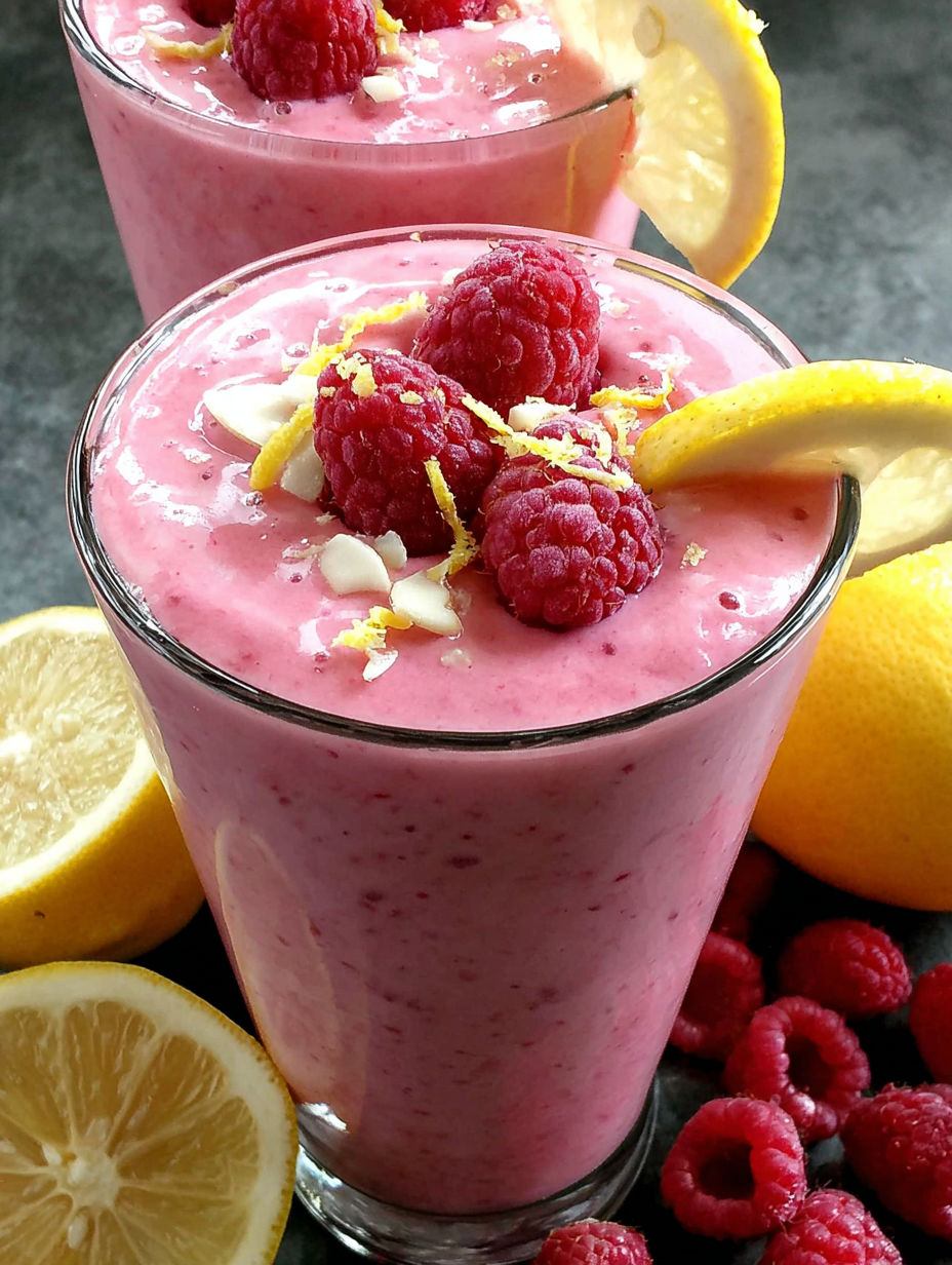 A glass of pink smoothie with a lemon wedge on top.