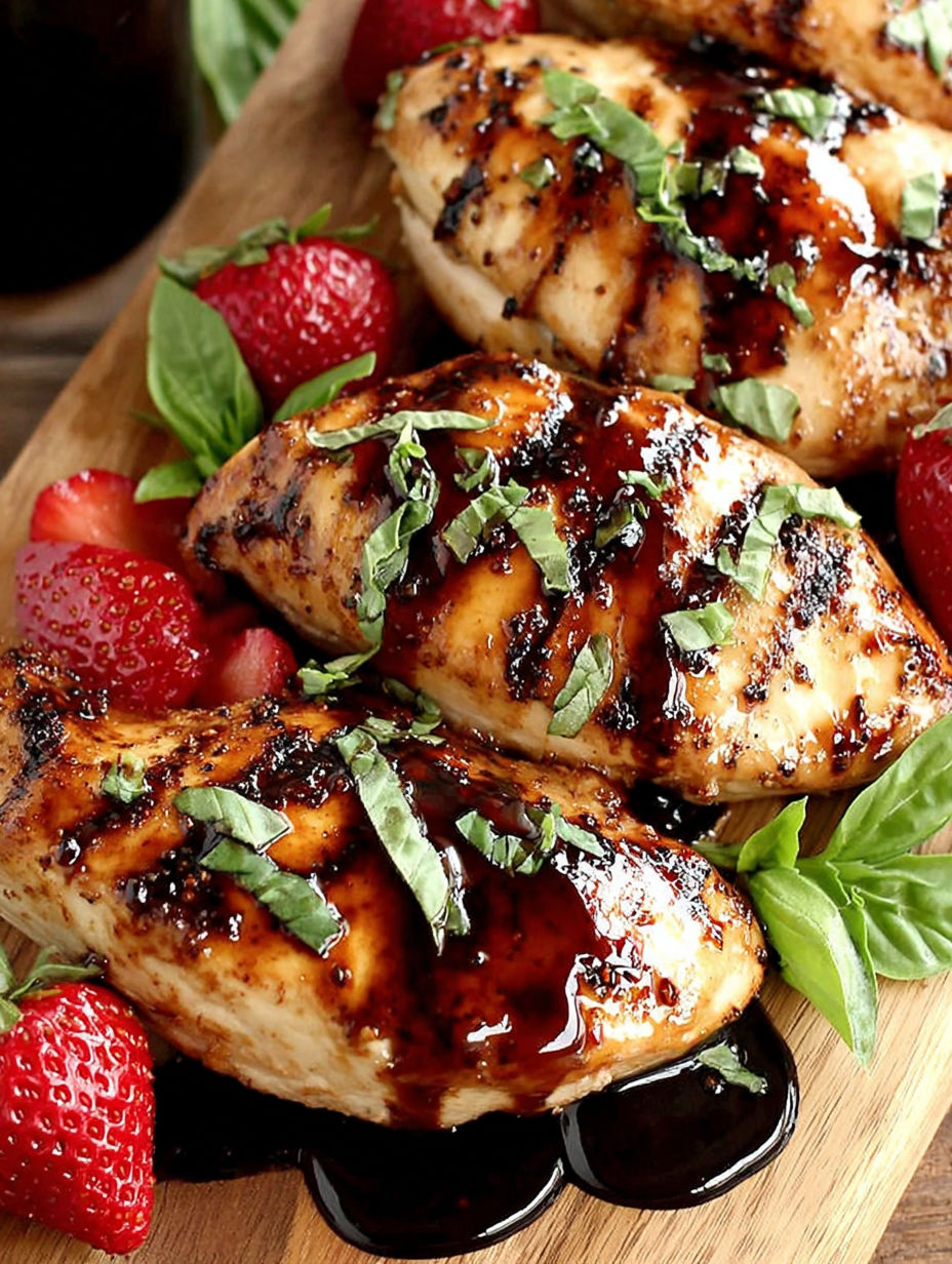 Chicken with sauce and strawberries.