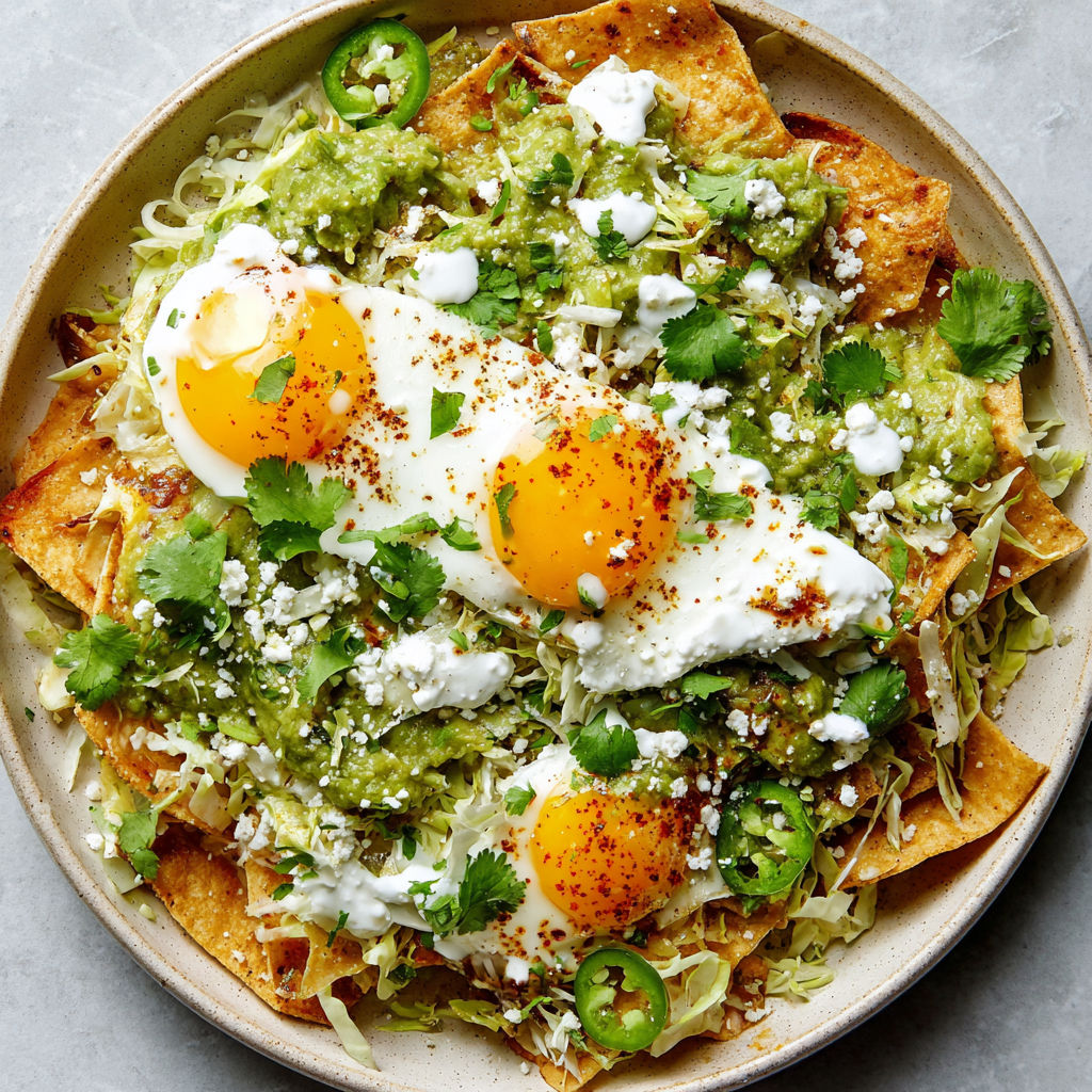 A plate of chilaquiles with eggs on top.