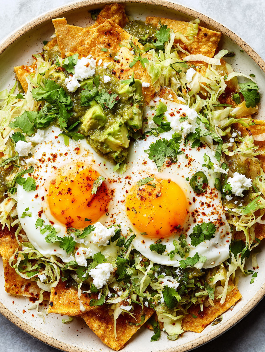 A plate of chilaquiles with two fried eggs on top.