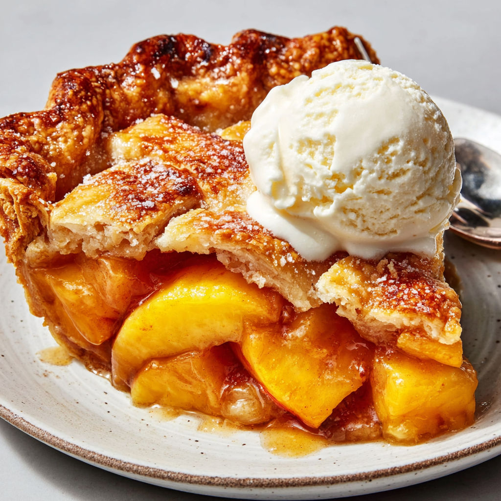 A slice of peach pie with a scoop of ice cream on top.