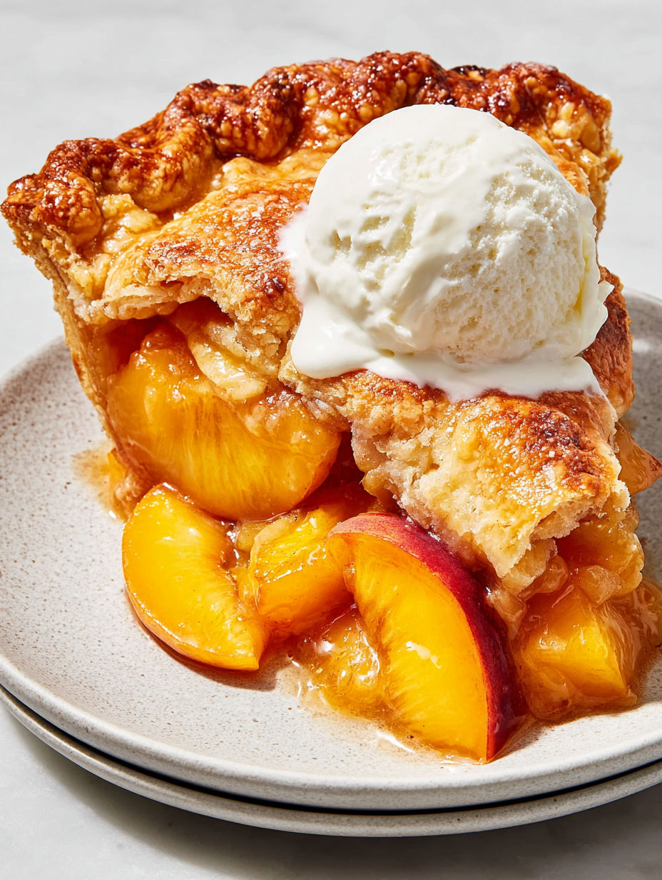 A slice of pie with a scoop of ice cream on top.