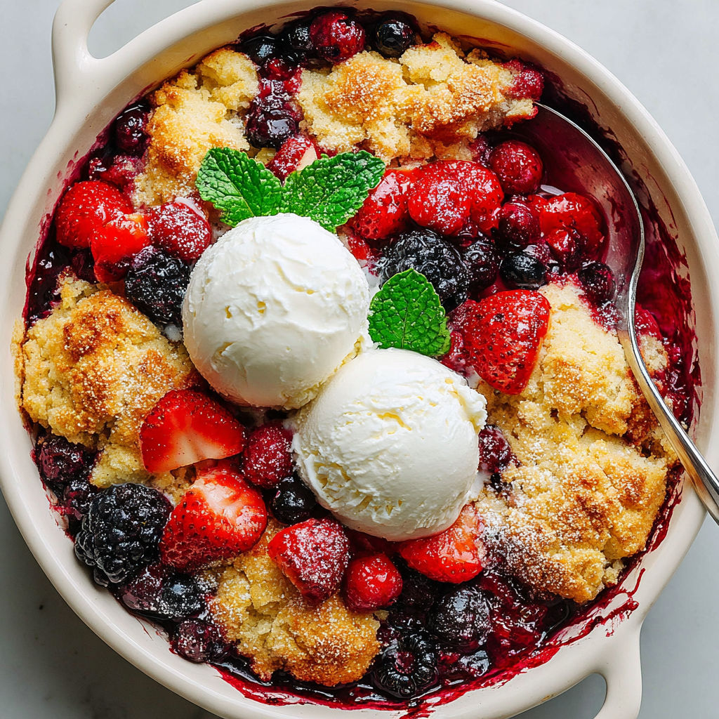 A bowl of berry cobbler with a spoon in it.