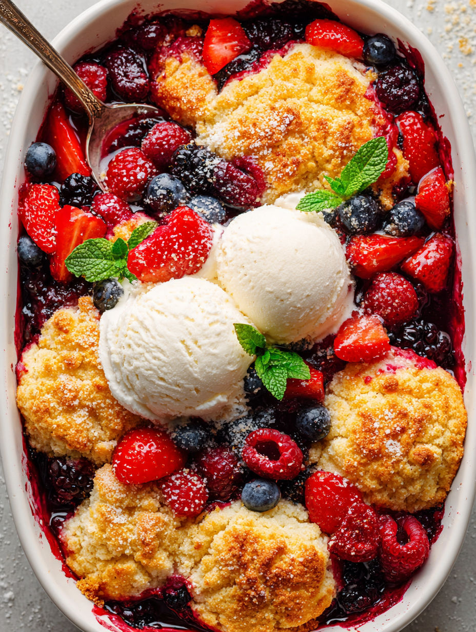A bowl of berry cobbler with a spoon in it.