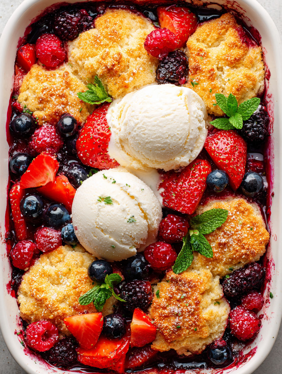 A bowl of berries and ice cream.