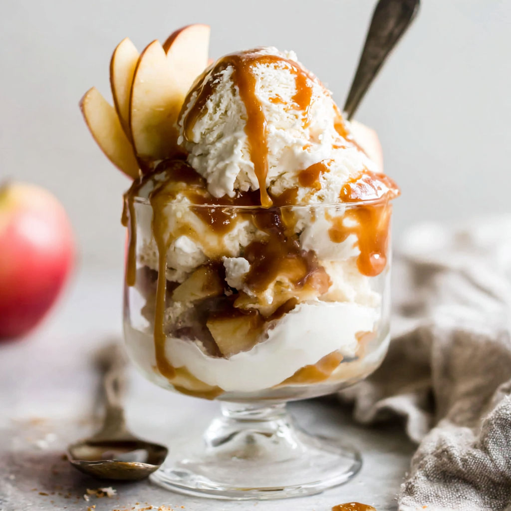 A glass of ice cream with caramel and apple toppings.