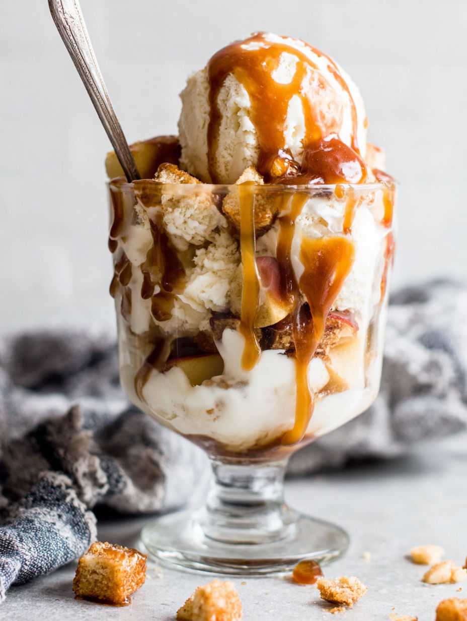 A glass of ice cream with caramel drizzled on top.