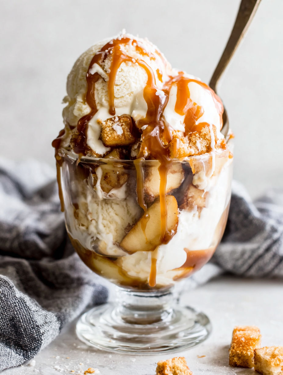 A glass of ice cream with caramel drizzled on top.