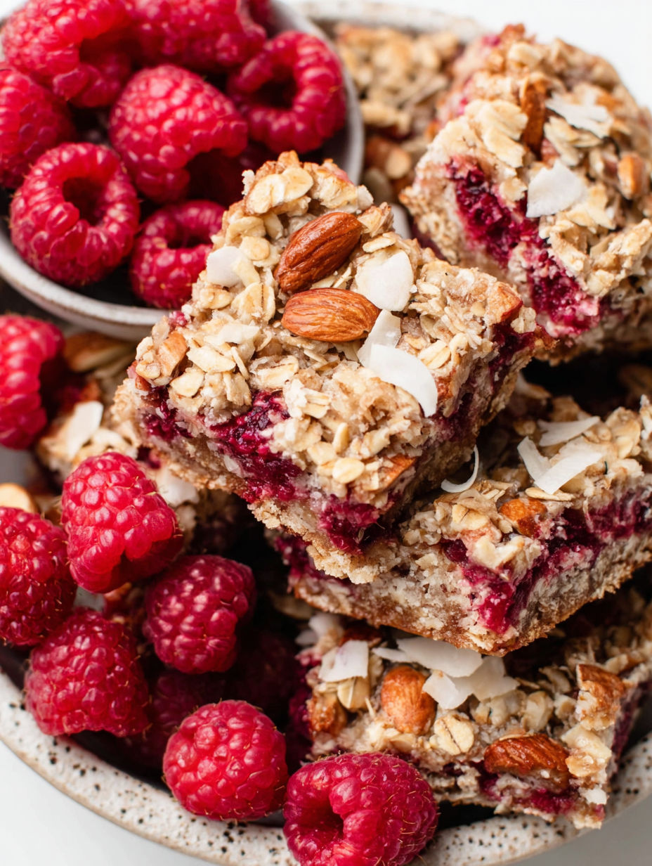 A stack of raspberry breakfast bars with almonds.