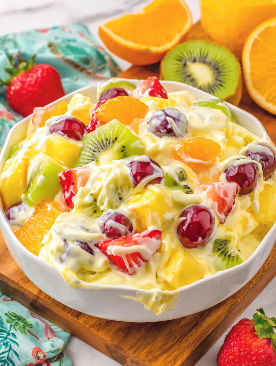 A bowl of fruit salad with kiwi, strawberries, and oranges.
