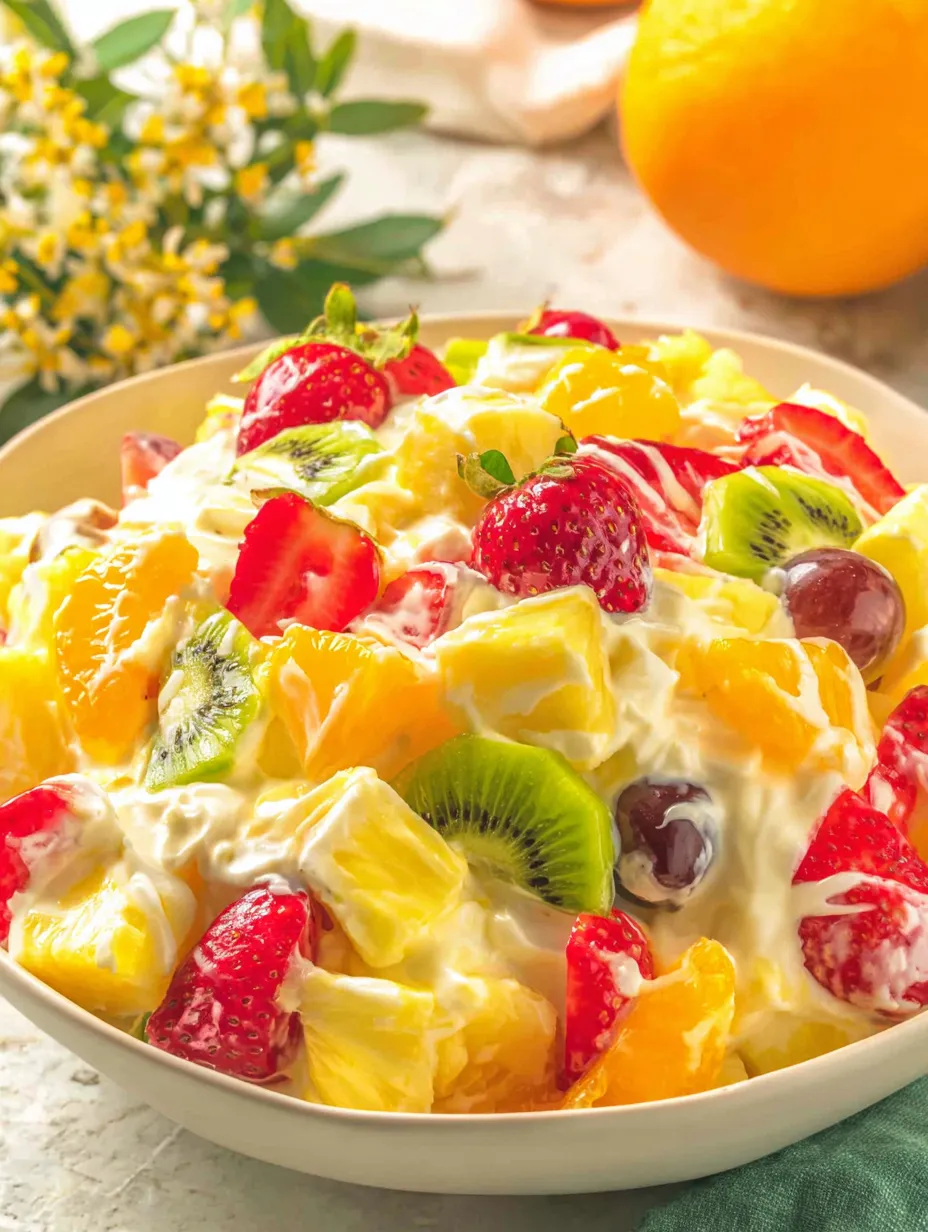 A bowl of fruit salad with strawberries, kiwi, and oranges.