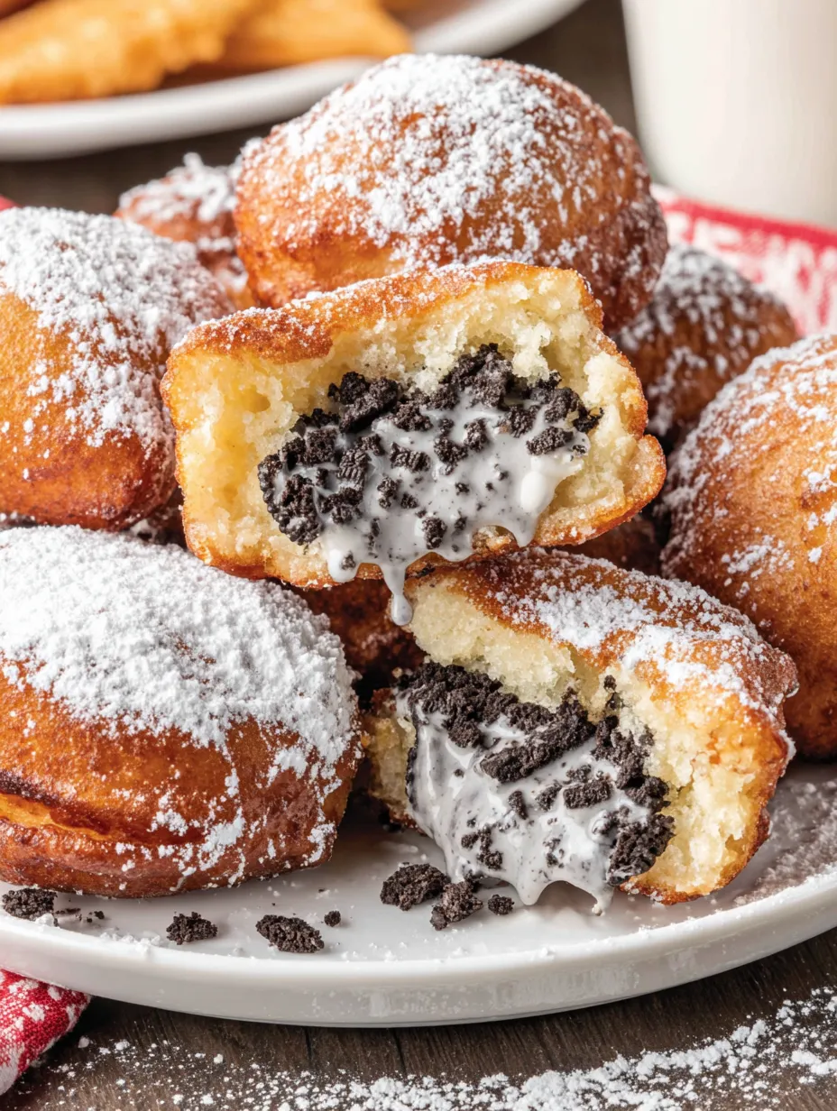 A plate of deep fried Oreos with white powdered sugar on top.