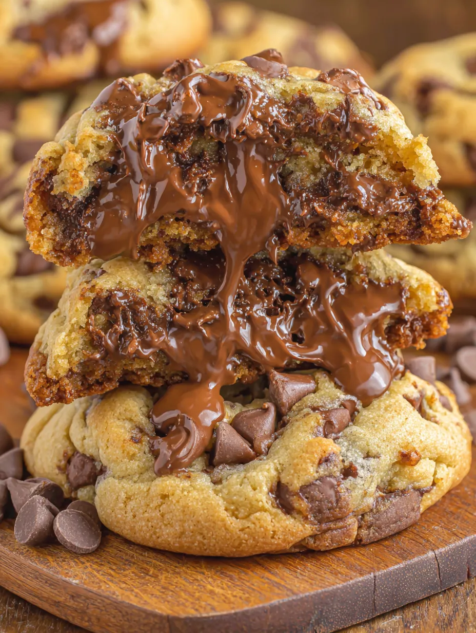 A stack of three chocolate chip cookies with chocolate drizzled on top.