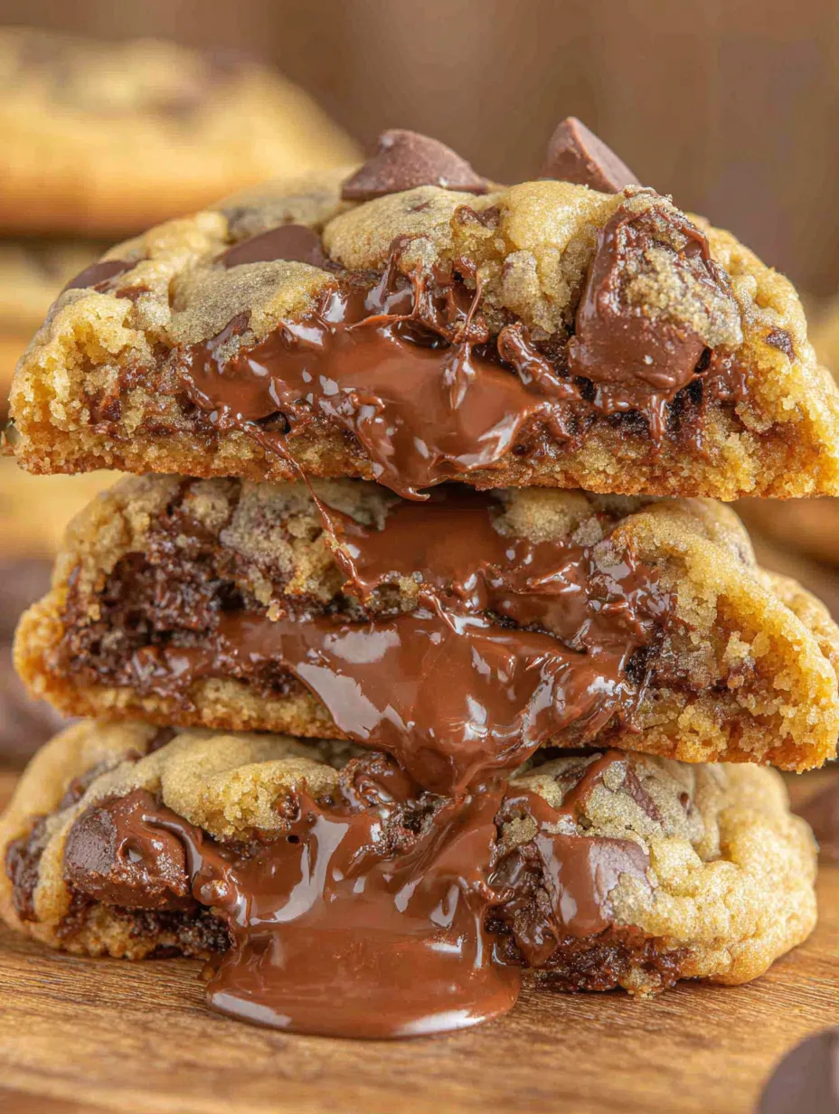 Three chocolate chip cookies with chocolate drizzled on top.