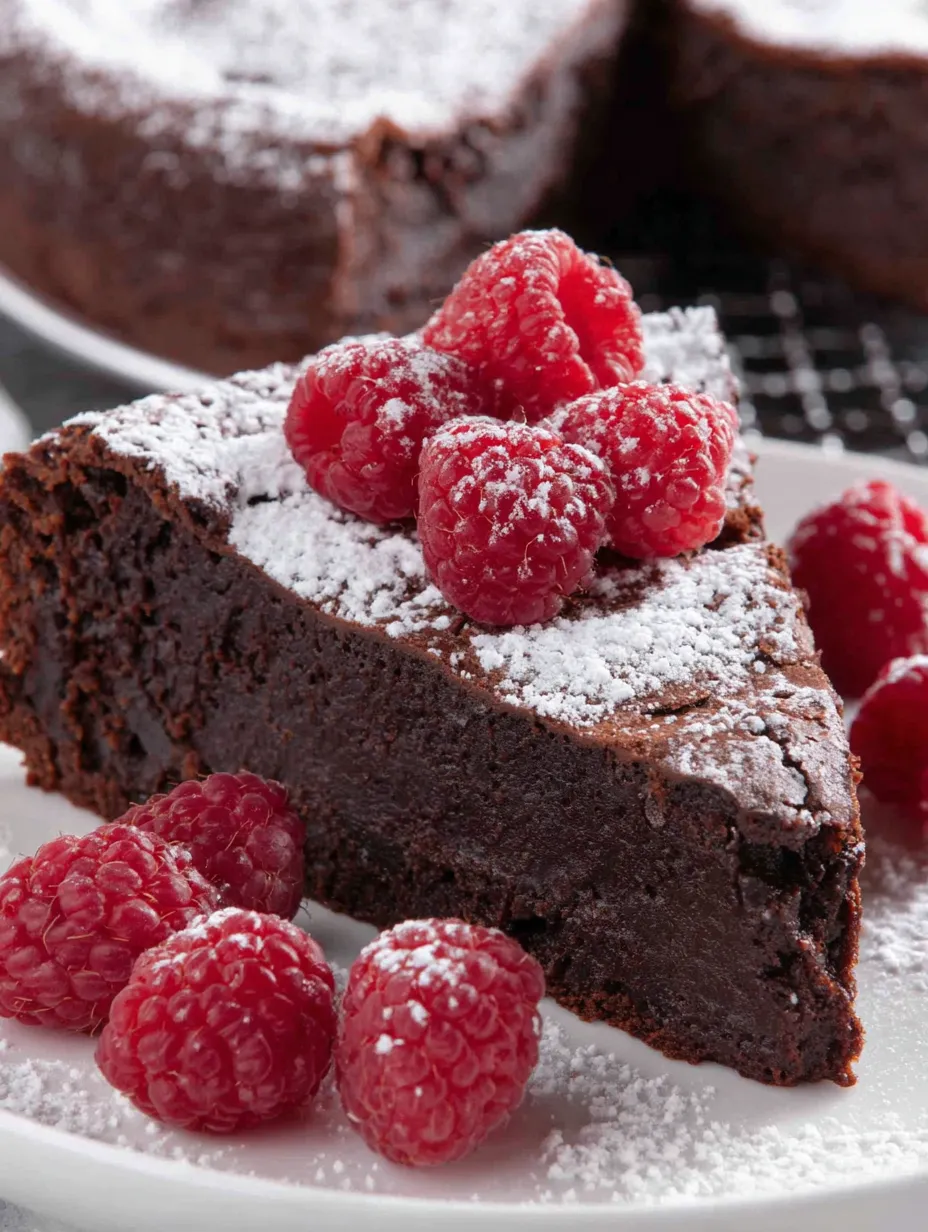 A slice of flourless chocolate cake with raspberries on top.