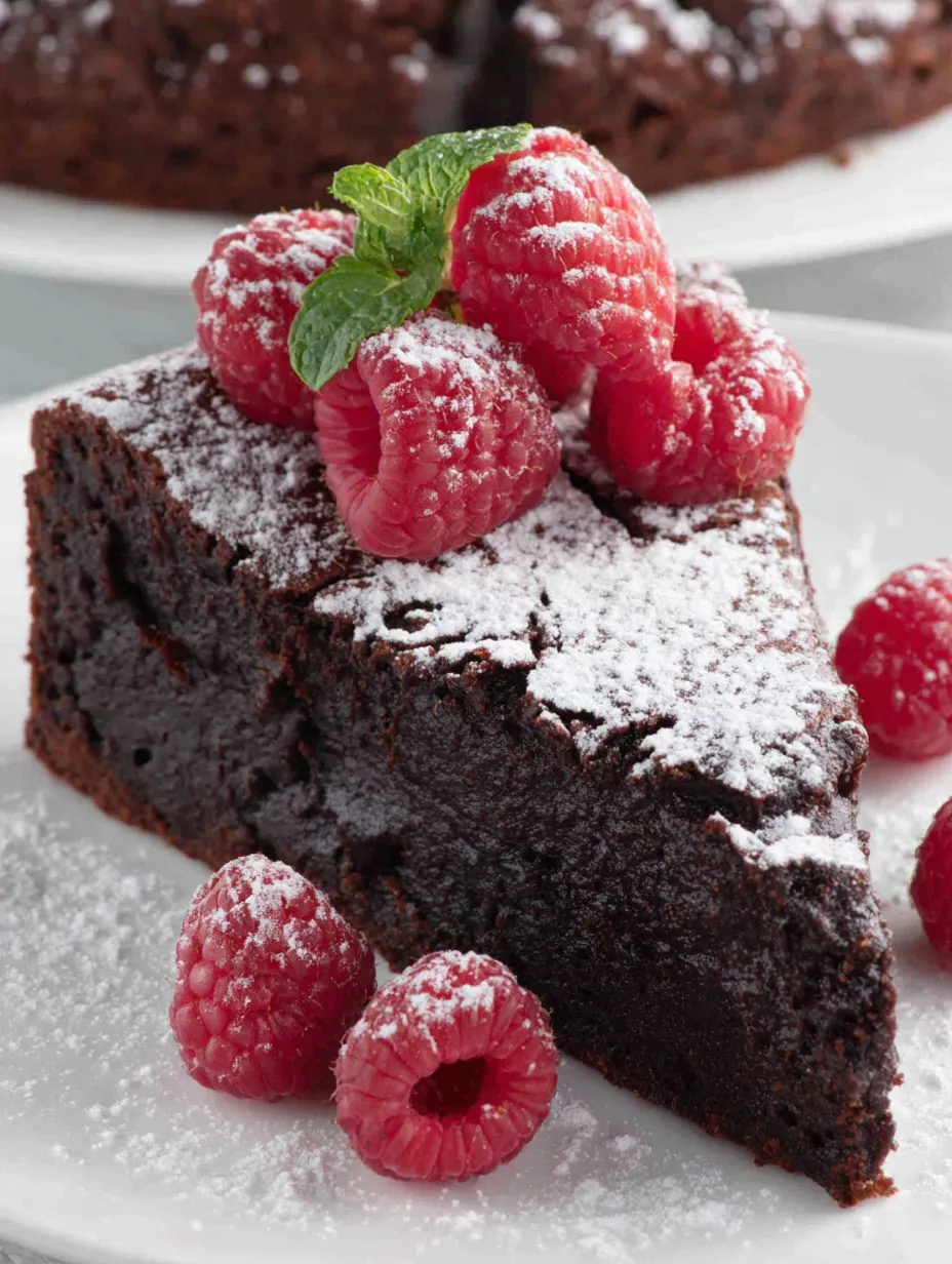 A slice of flourless chocolate cake with raspberries on top.
