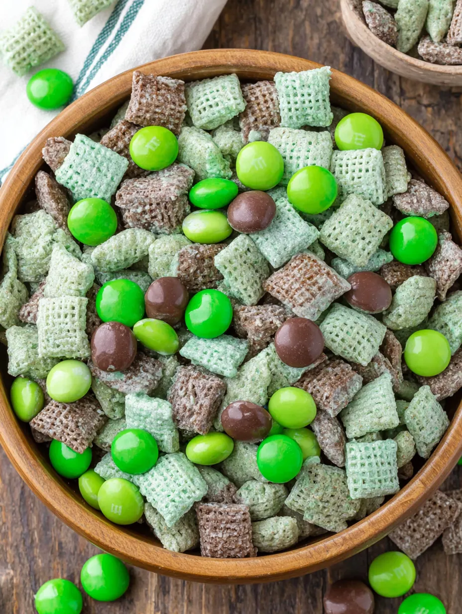 A bowl of Mint Chocolate Muddy Buddy.