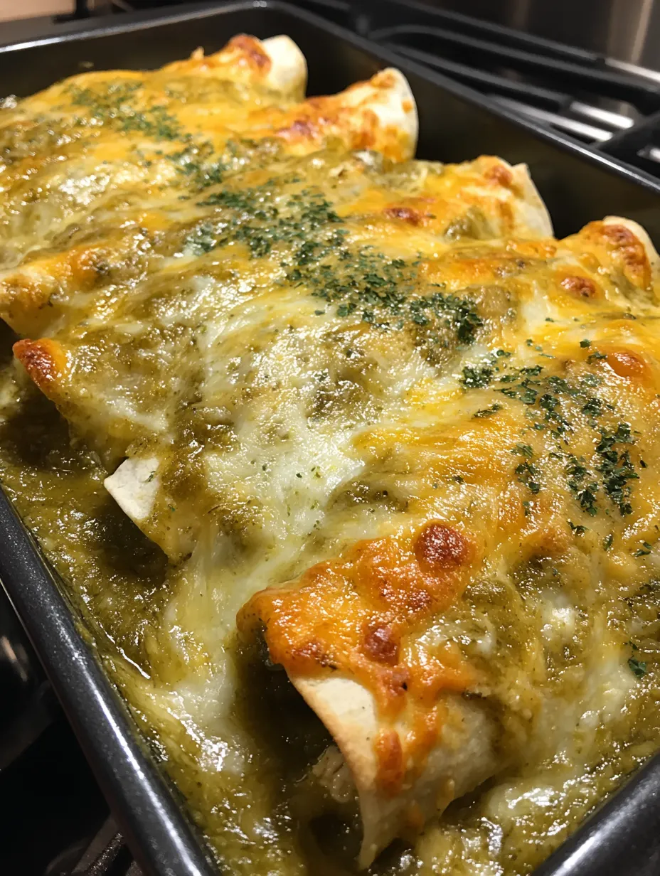 Green chile, chicken and cheese enchiladas in a pan.