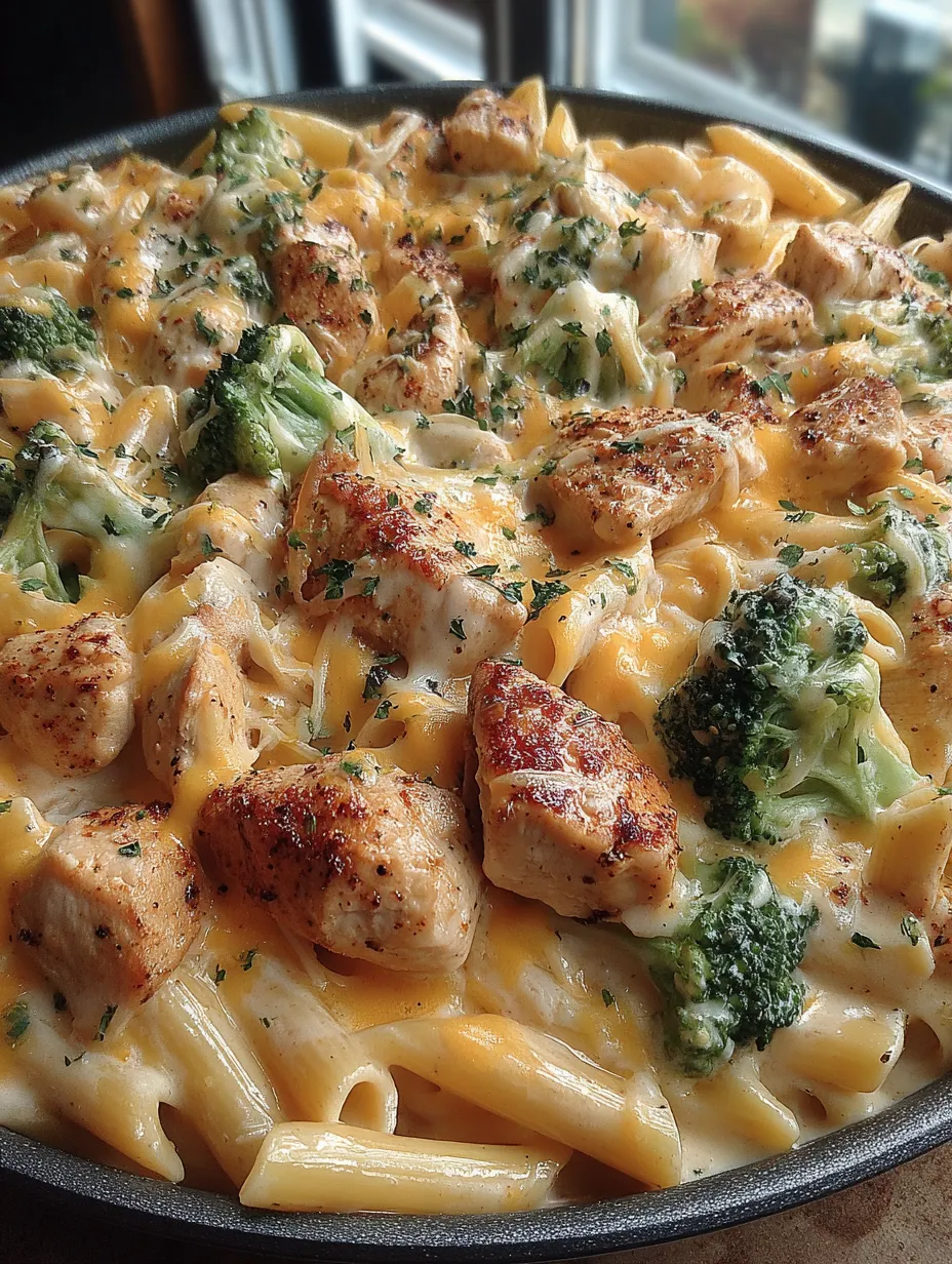 A dish of Cajun chicken and broccoli Alfredo.