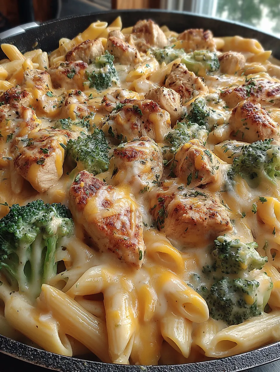 A dish of Cajun chicken and broccoli Alfredo.